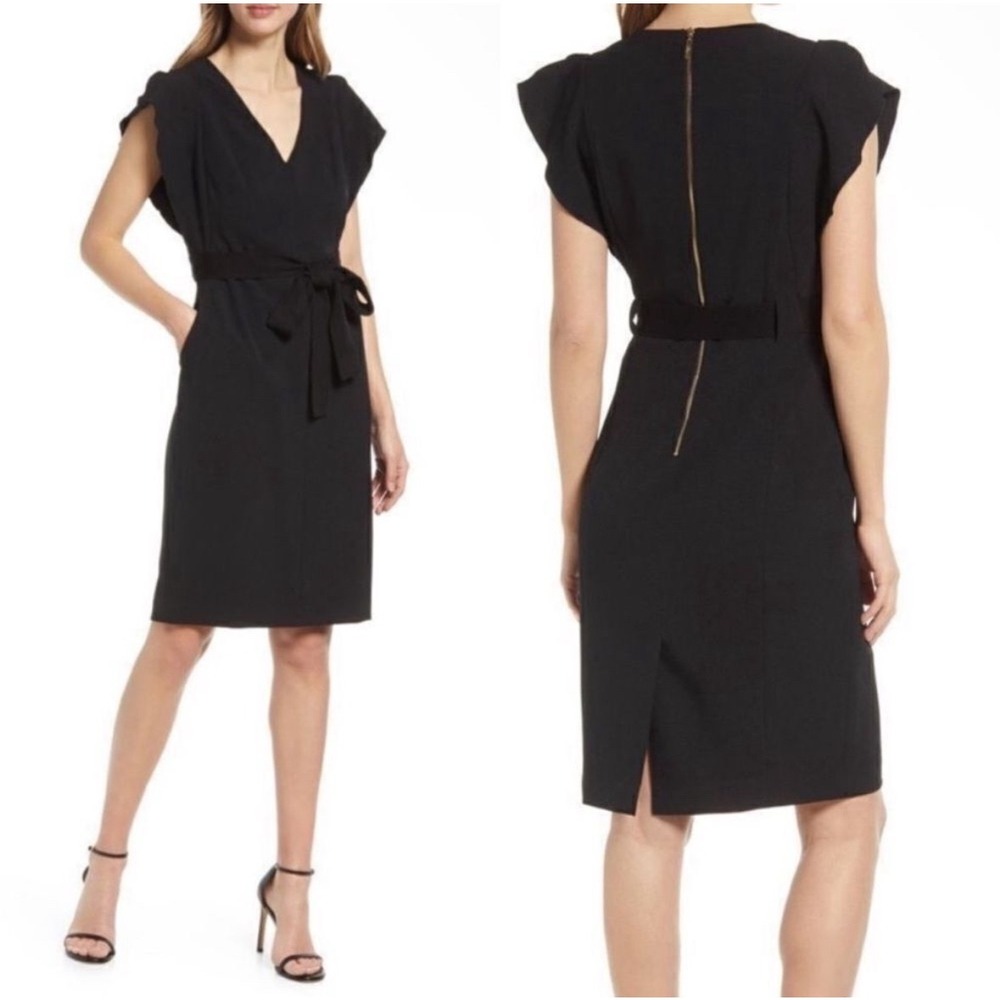 Eliza J Ruffle Sleeve Sheath‎ Dress Women's 6 Black Crepe LBD Classic Career